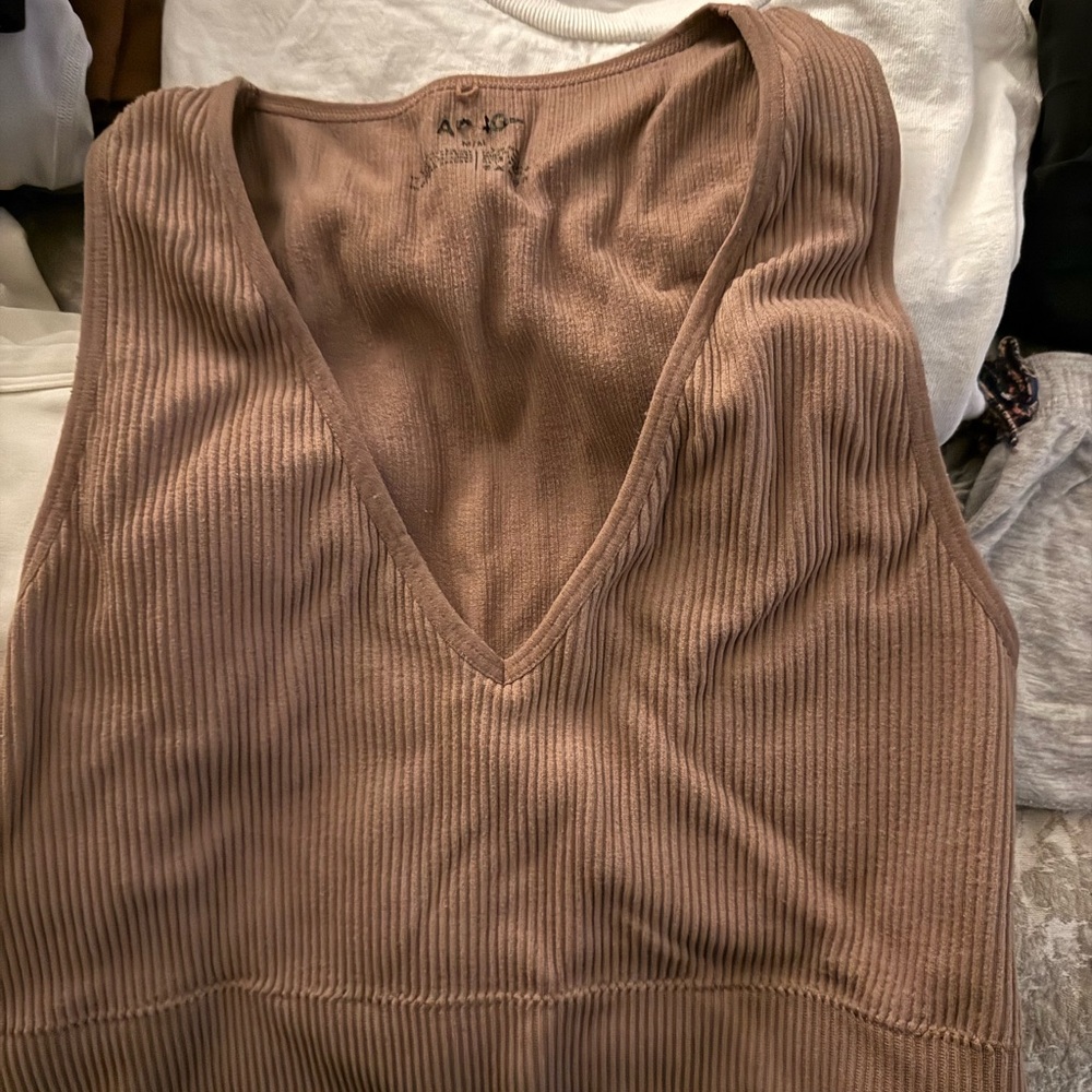 Garage Brown Ribbed V-Neck Top